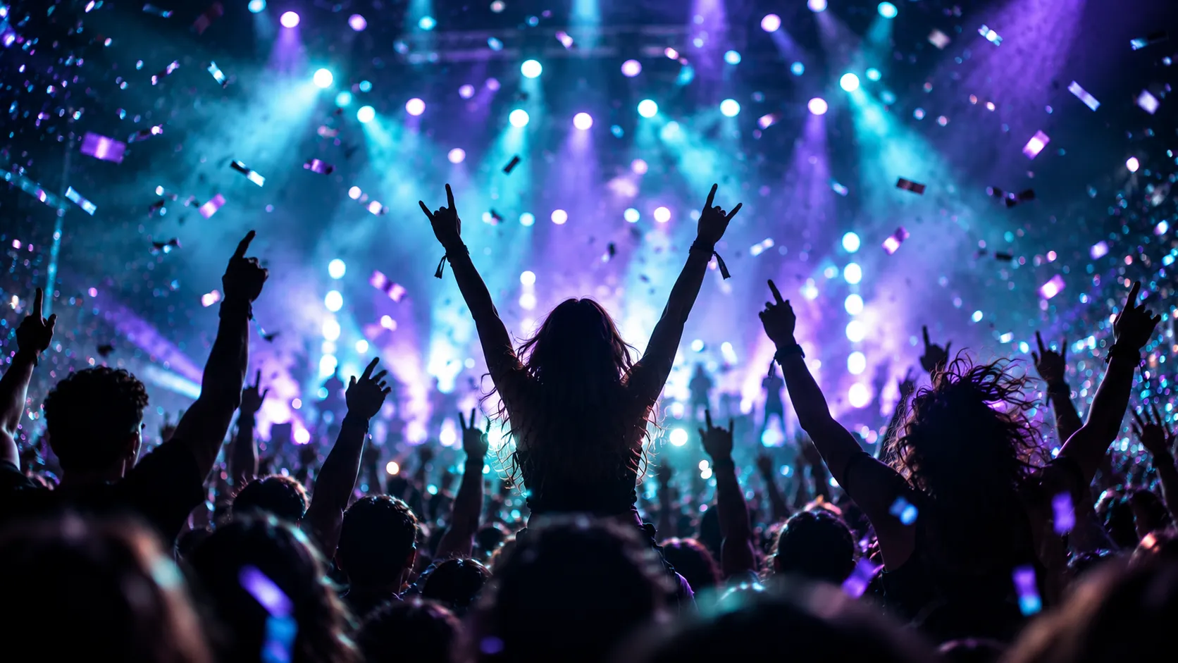 Excited music fans at a live concert event enjoying the show