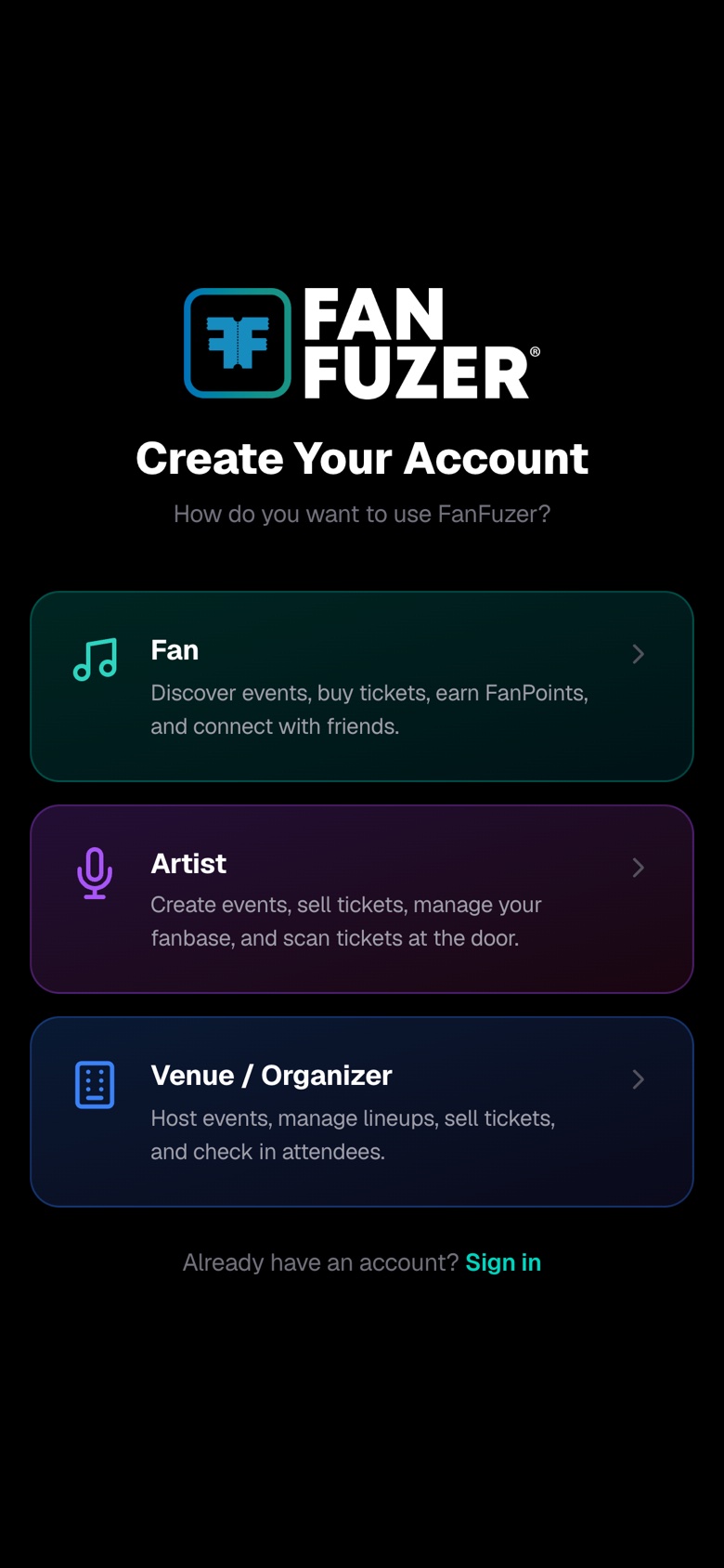 FanFuzer app sign-up screen with account options for fans, artists, and venues or organizers