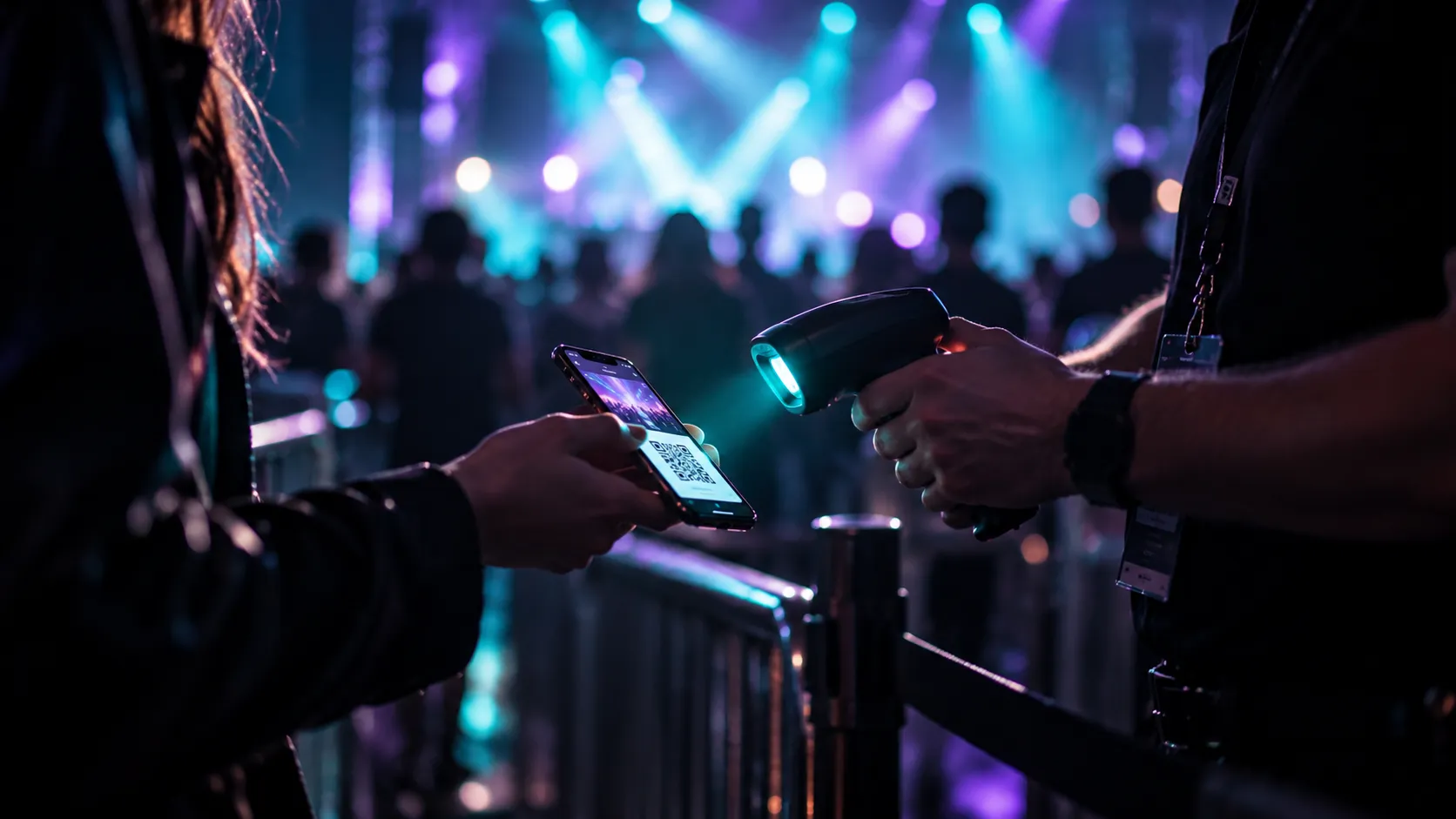 Fan showing a digital ticket QR code on their phone to be scanned at a concert entrance